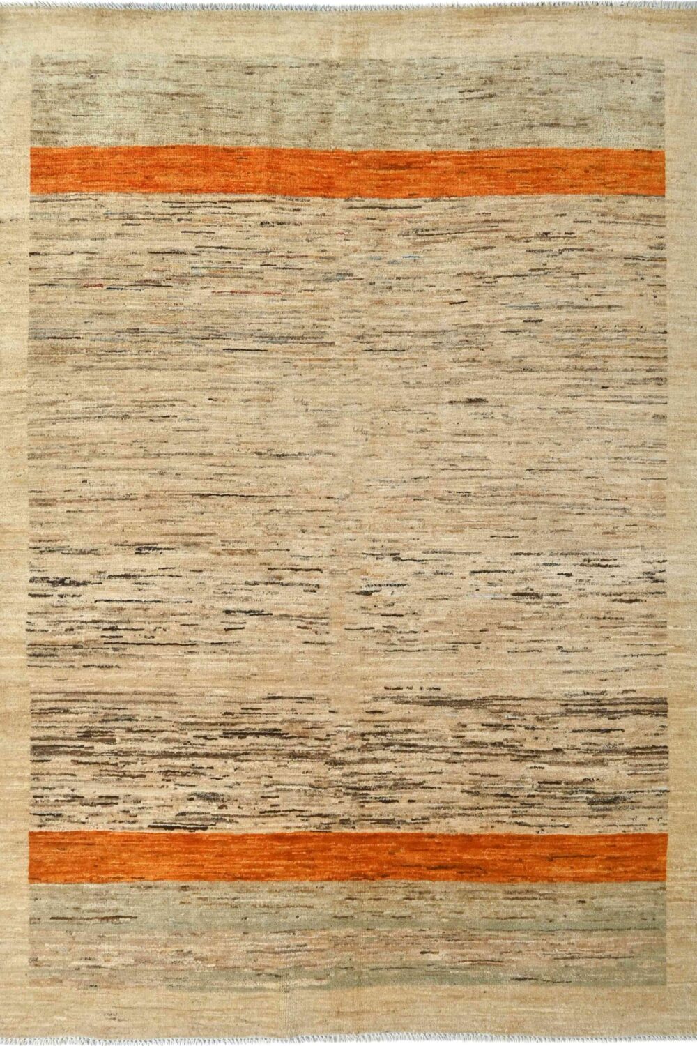 A 9 x 5 feet Gabbeh rug with a beige background, two horizontal orange stripes, and a subtle, irregular pattern in varying shades of beige and brown. I hope this brief description helps! 😊