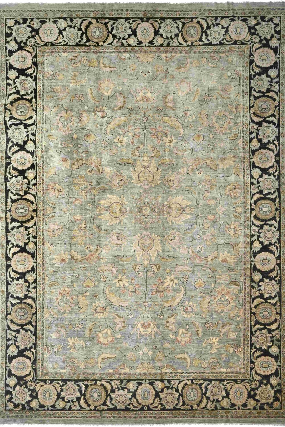 Luxurious handmade rug, size 14 x 10 featuring an elegant floral design in soft gray, beige, and pastel hues with a striking black border, perfect for enhancing any living room or bedroom