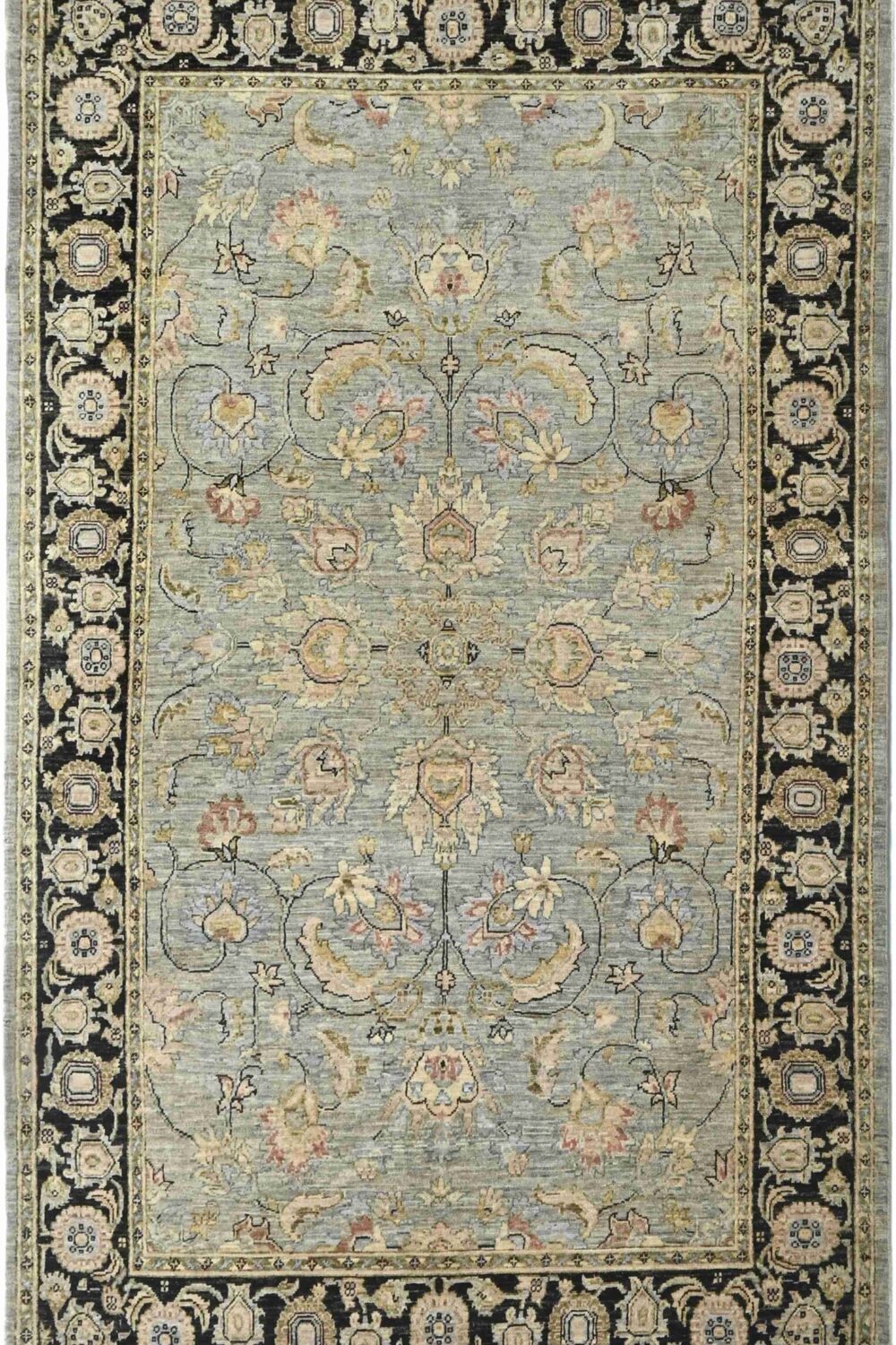 Luxurious handmade rug, size 8 x 5 rug featuring an elegant floral design in soft gray, beige, and pastel hues with a striking black border, perfect for enhancing any living room or bedroom