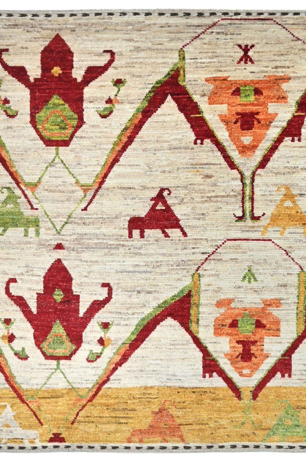 handmade rug 9 x8 featuring a neutral beige rug background with vibrant geometric and animal patterns hand knotted rug