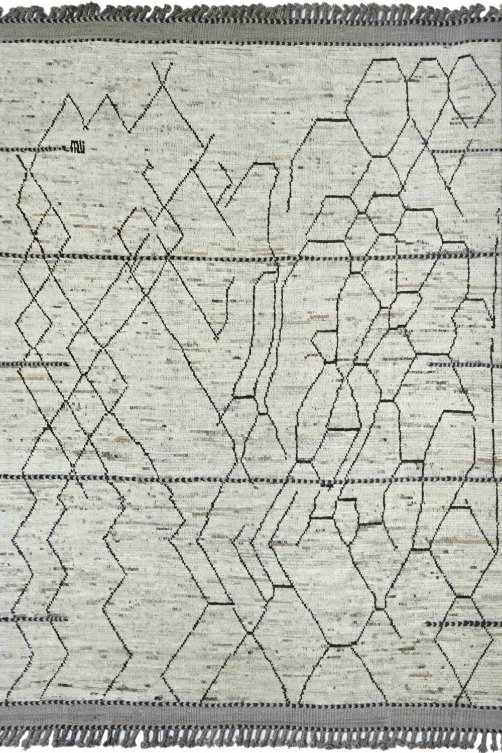 Handmade Moroccan rug, size 10x9 feet, featuring a minimalist geometric design with black line patterns on a light beige background, complemented by traditional fringed edges.