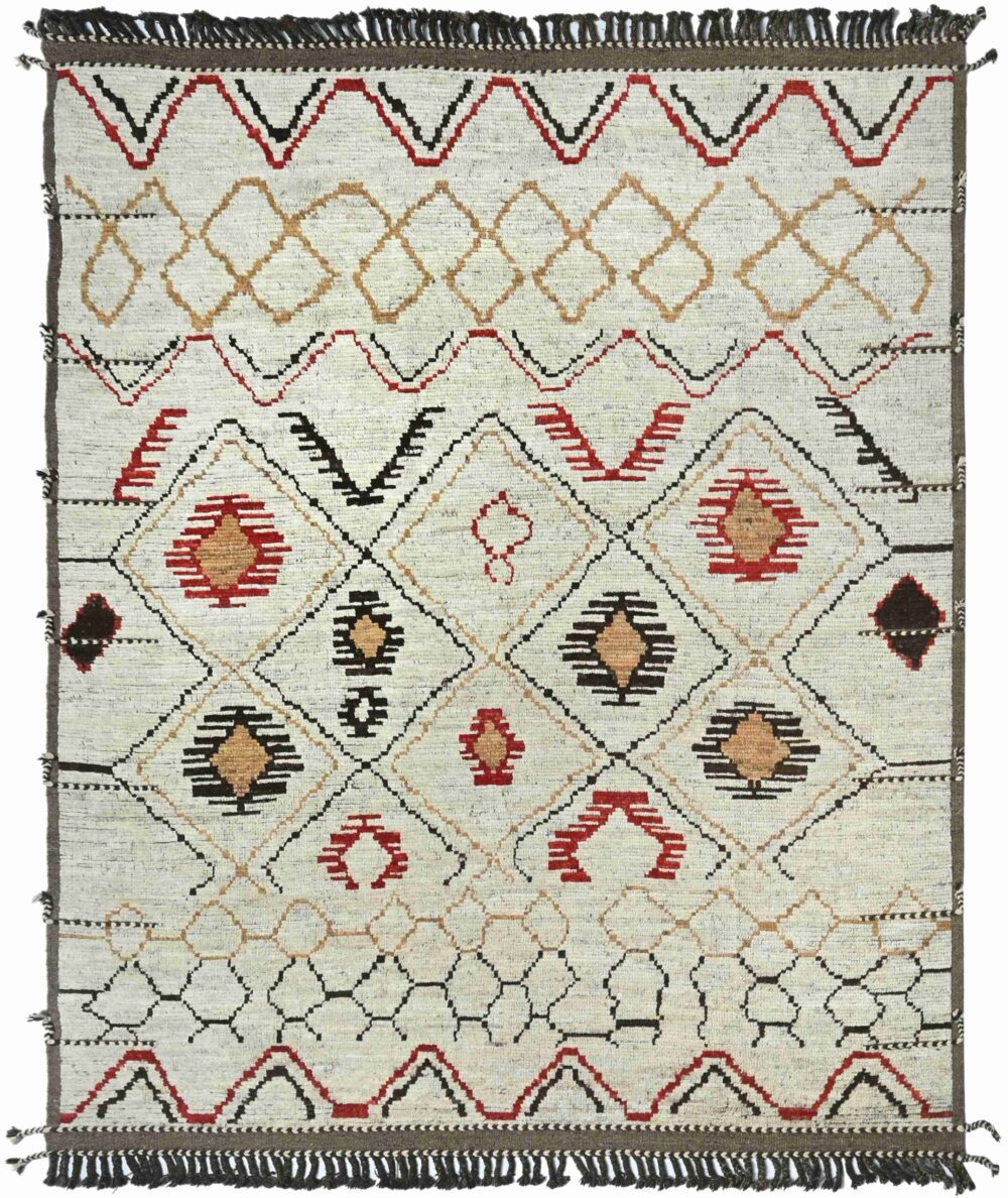 Handwoven Moroccan rug, size 10' x 9', featuring traditional geometric patterns in earthy tones, perfect as a living room centerpiece.