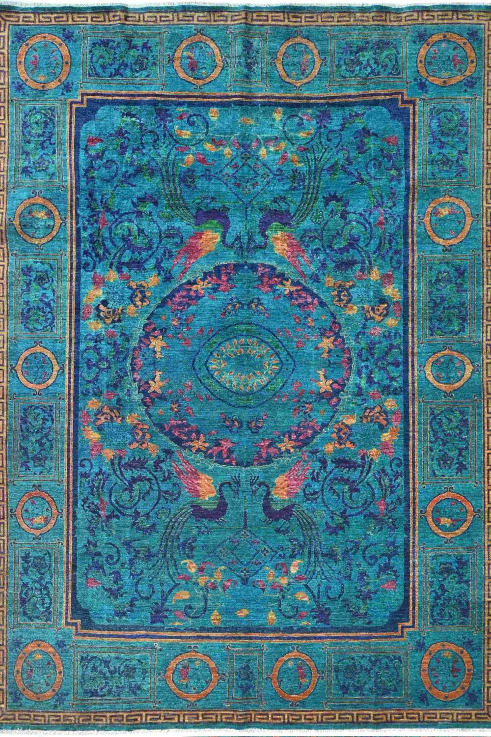 Vibrant blue Chobi rug with intricate floral and bird motifs, measuring 12' x 9', perfect for adding a touch of elegance to a living room.