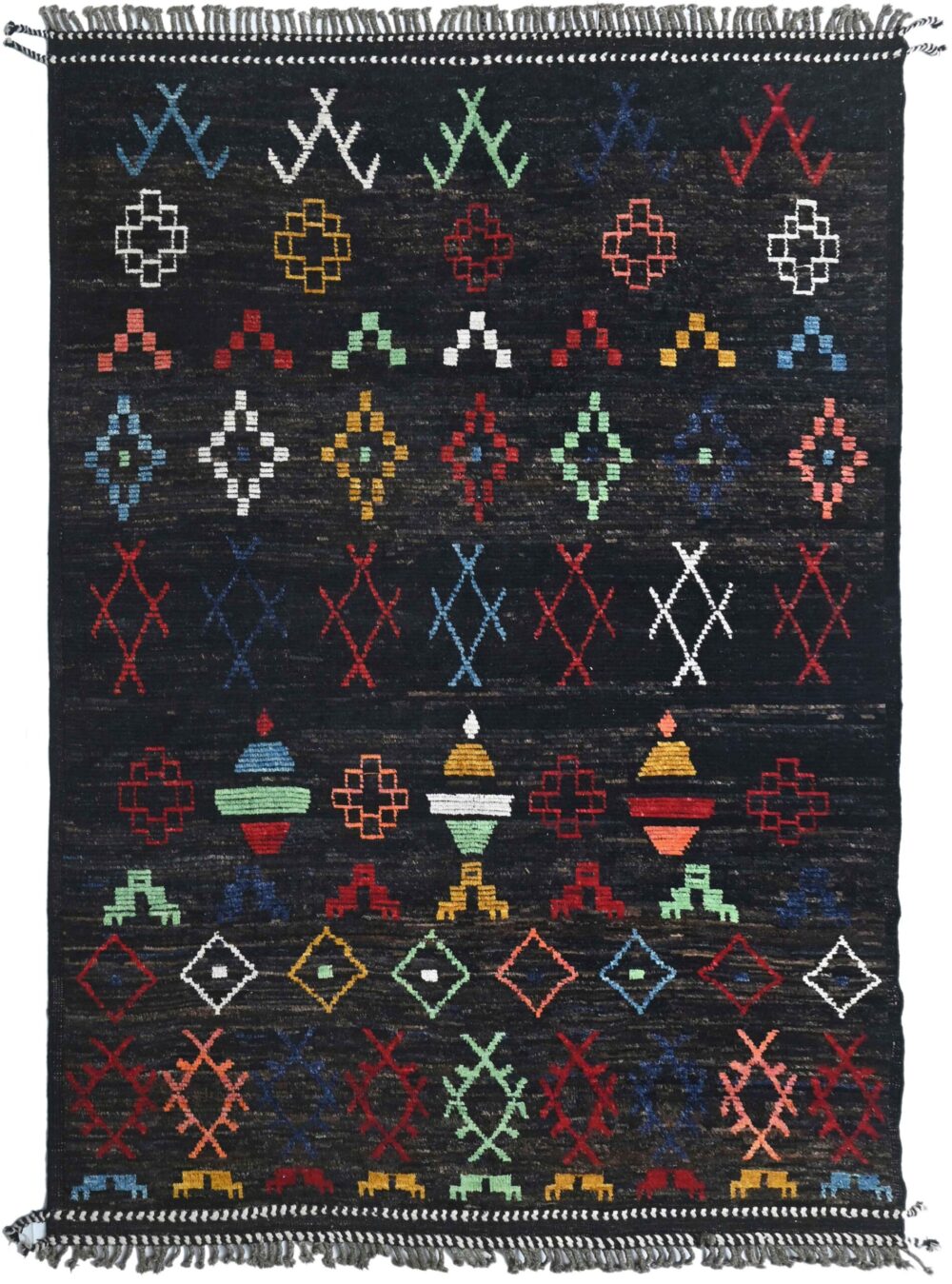 Moroccan handmade rug, size 10x9, featuring vibrant multicolor geometric patterns on a dark background, perfect for living room and bedroom decor