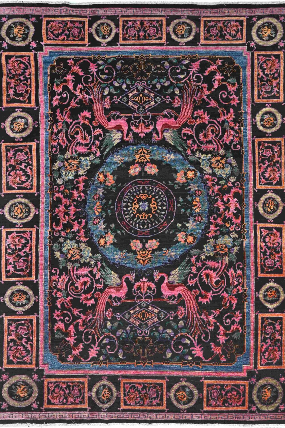 Chobi rug size 13' x 9' featuring intricate floral and bird motifs in vibrant colors, perfect for adding elegance to a living room