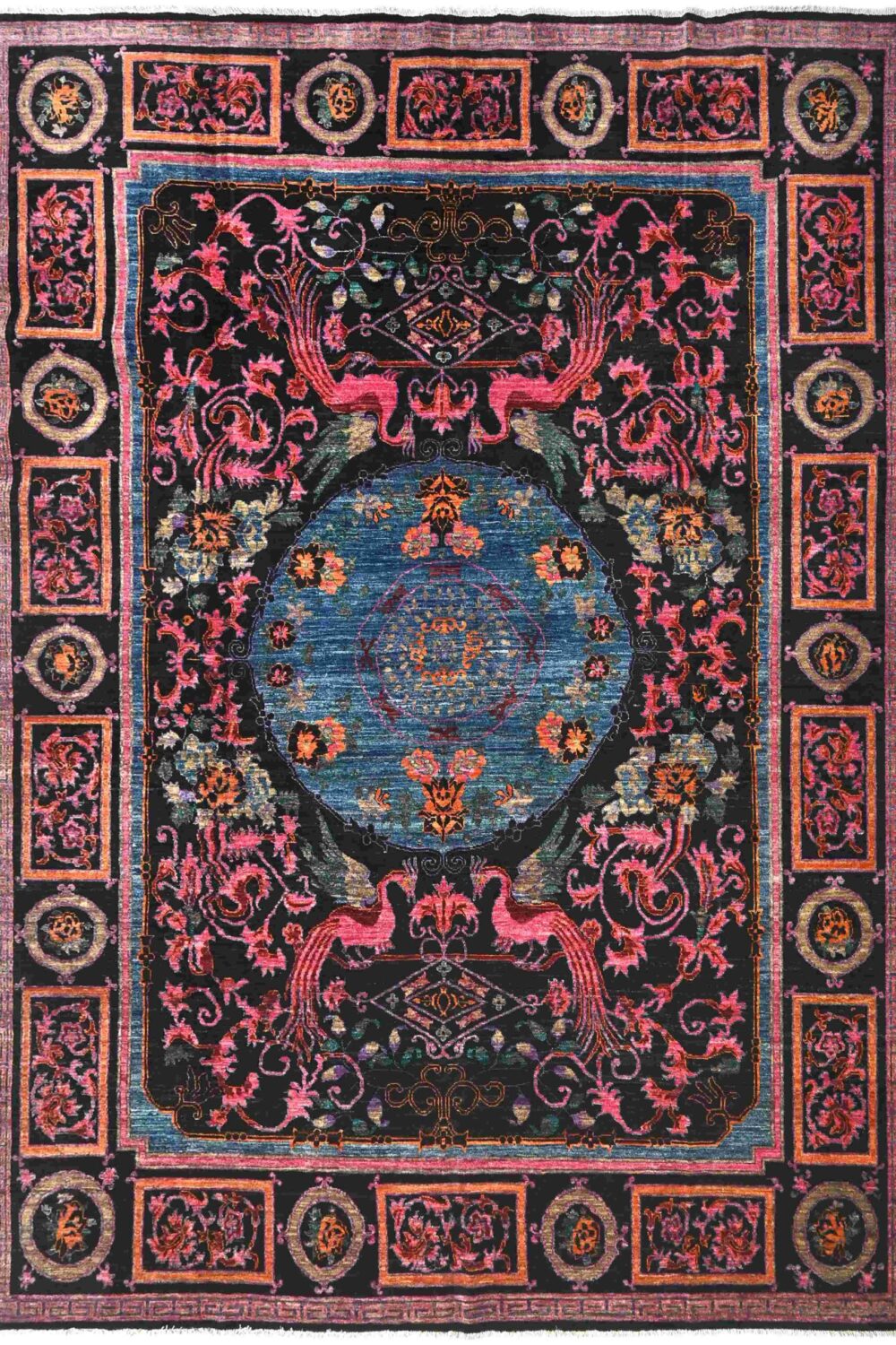 Chobi rug size 11' x 9' featuring intricate floral and bird motifs in vibrant colors, perfect for adding elegance to a living room