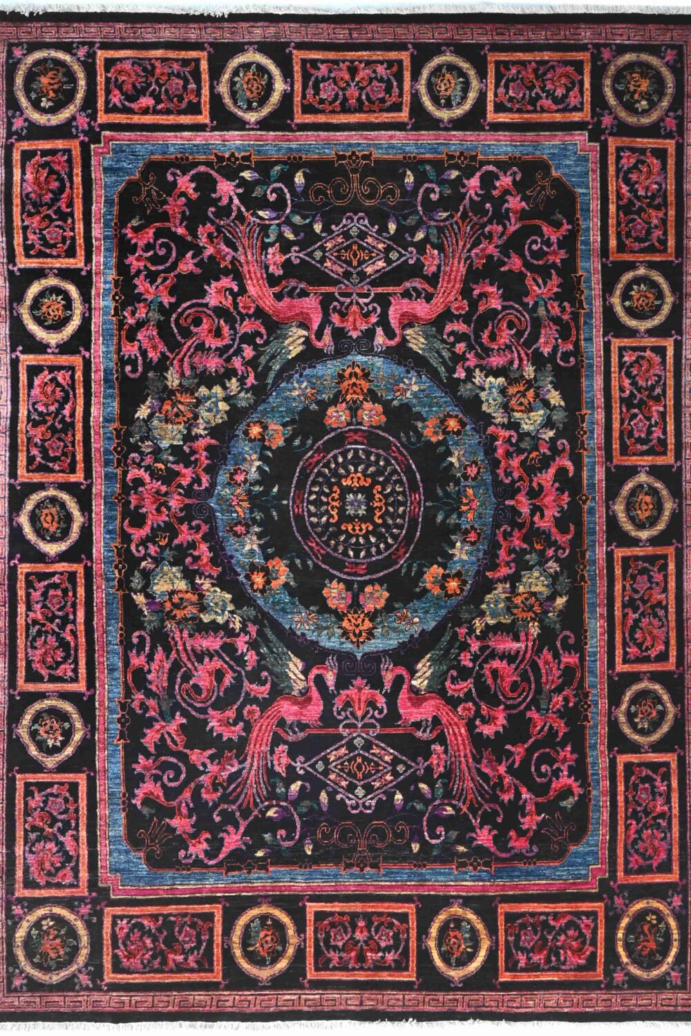 Chobi rug size 10' x 8' featuring intricate floral and bird motifs in vibrant colors, perfect for adding elegance to a living room