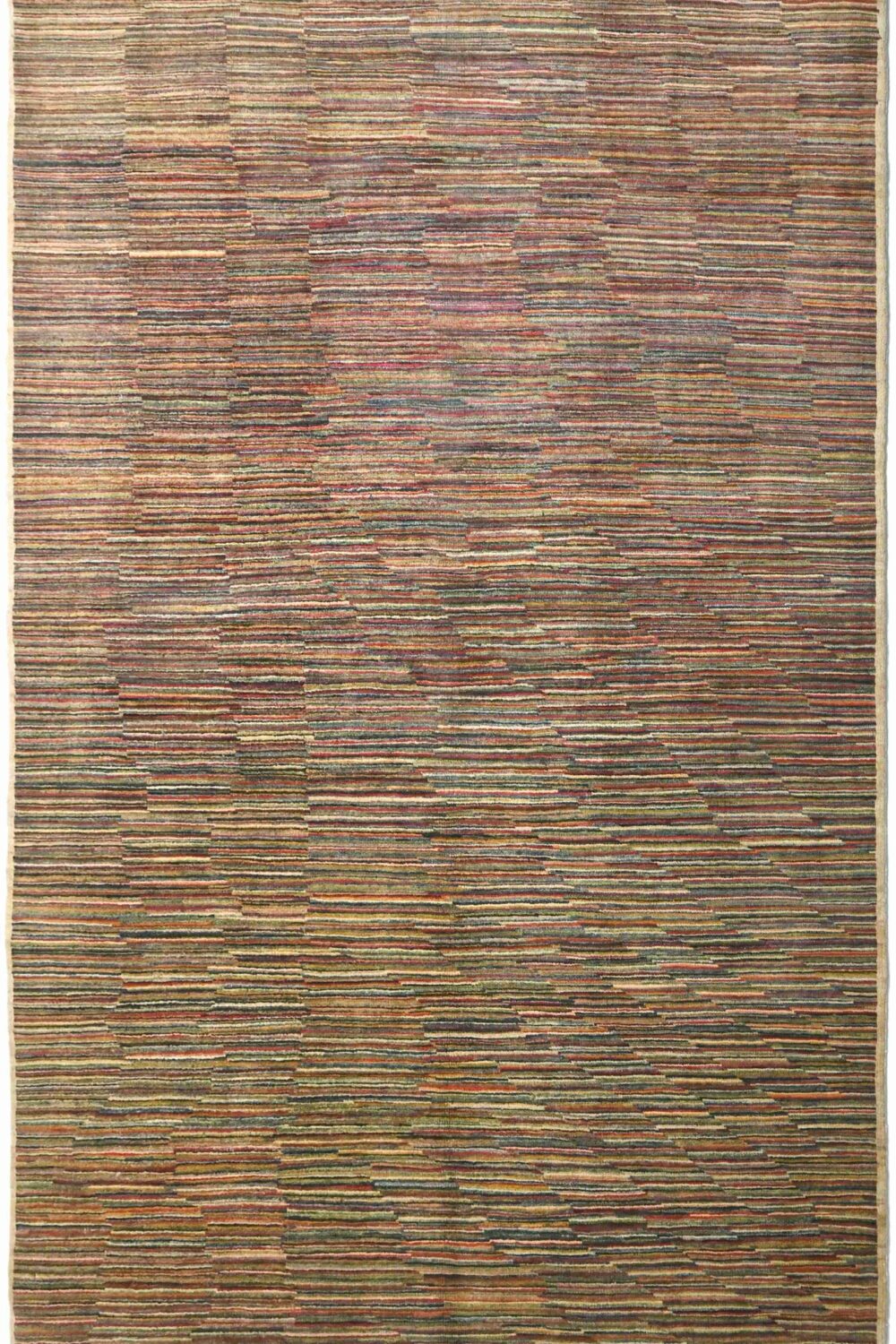 A 9 x 5 feet Gabbeh rug with horizontal stripes in shades of brown, green, red, and blue, creating a textured and layered appearance. The intricate, handwoven design and fringed edges add a unique, artisanal quality to the rug