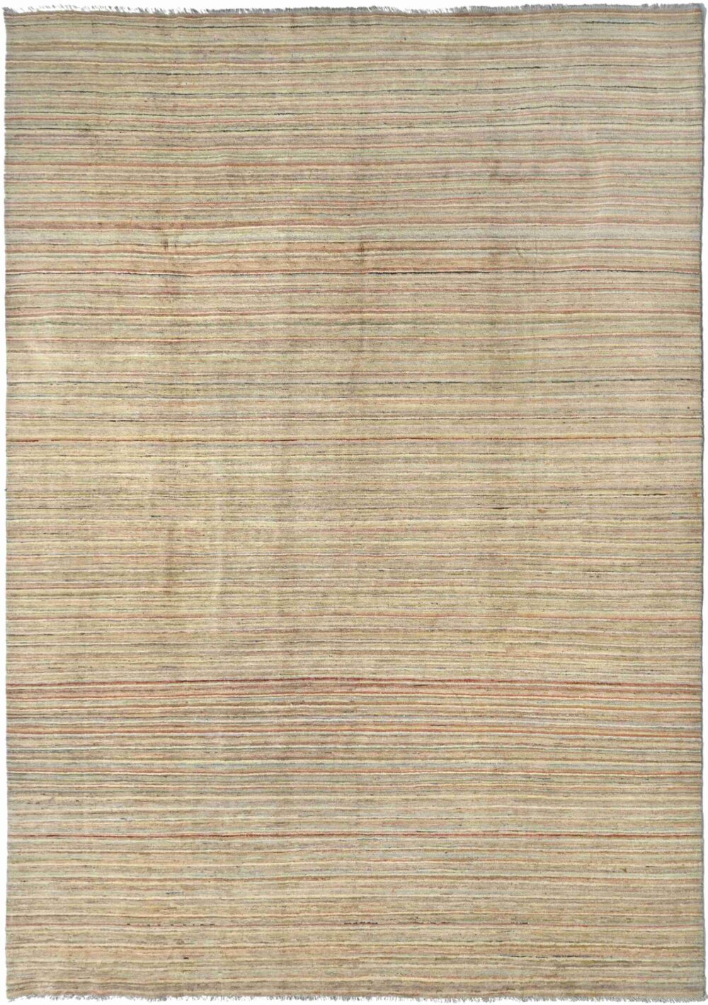 A 12 x 9 feet Gabbeh rug with a beige background featuring thin, evenly spaced horizontal stripes in shades of red, green, blue, and yellow. The rug has slightly frayed edges, adding texture to its minimalist and modern design.