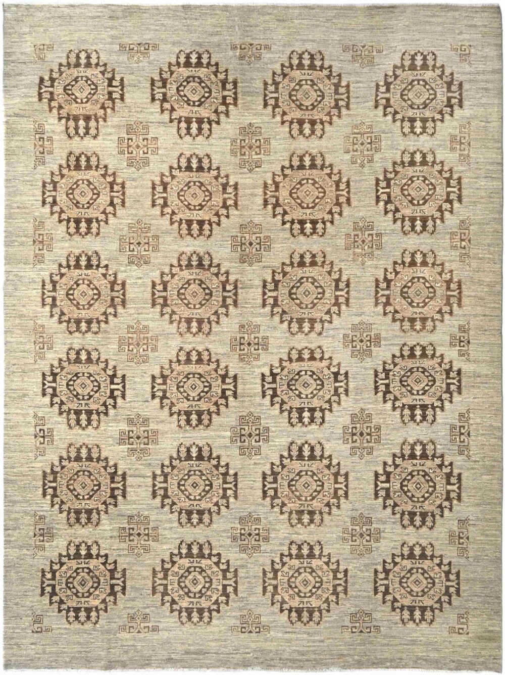 Chobi handmade rug, size 10x8, featuring intricate beige and brown medallion patterns, ideal for adding warmth and elegance to living room or bedroom decor.