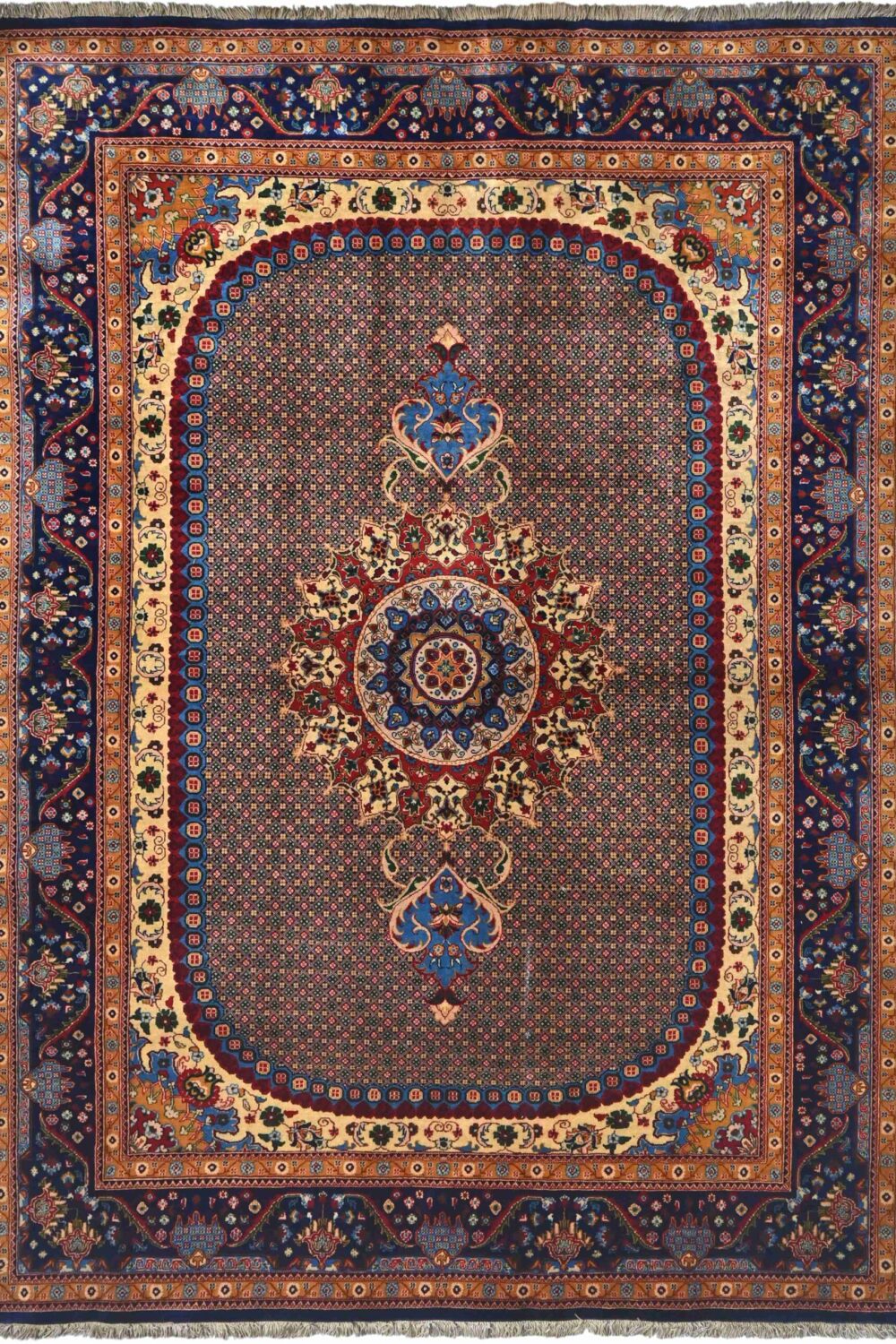 Khawaja Roshnai rug, size 7' x 5', featuring intricate traditional patterns with a central medallion design, surrounded by floral and geometric motifs in rich colors, perfect for enhancing the elegance of a living room