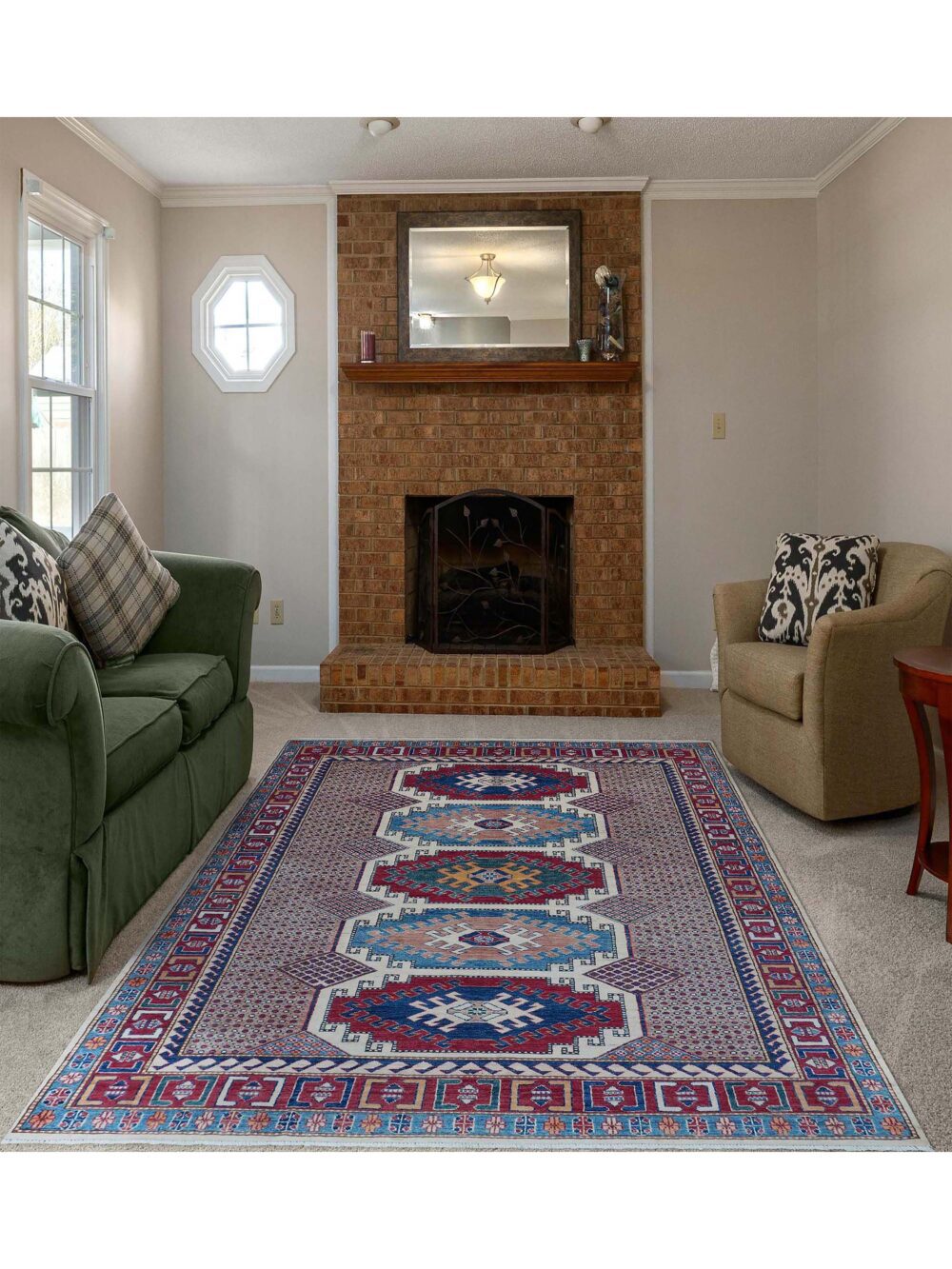 Super kazzak White 6 x 8 rug with bold geometric patterns in red, blue, and beige, featuring intricate borders and vibrant central medallions. best rug for living room.