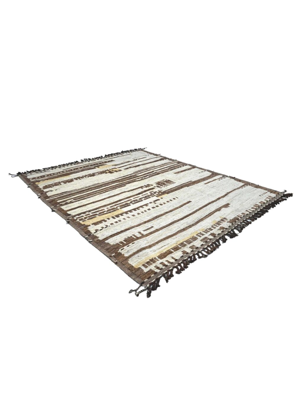 Elevate your living space with this elegant 10' x 7' Moroccan rug, featuring minimalist striped patterns in earthy tones for a timeless aesthetic