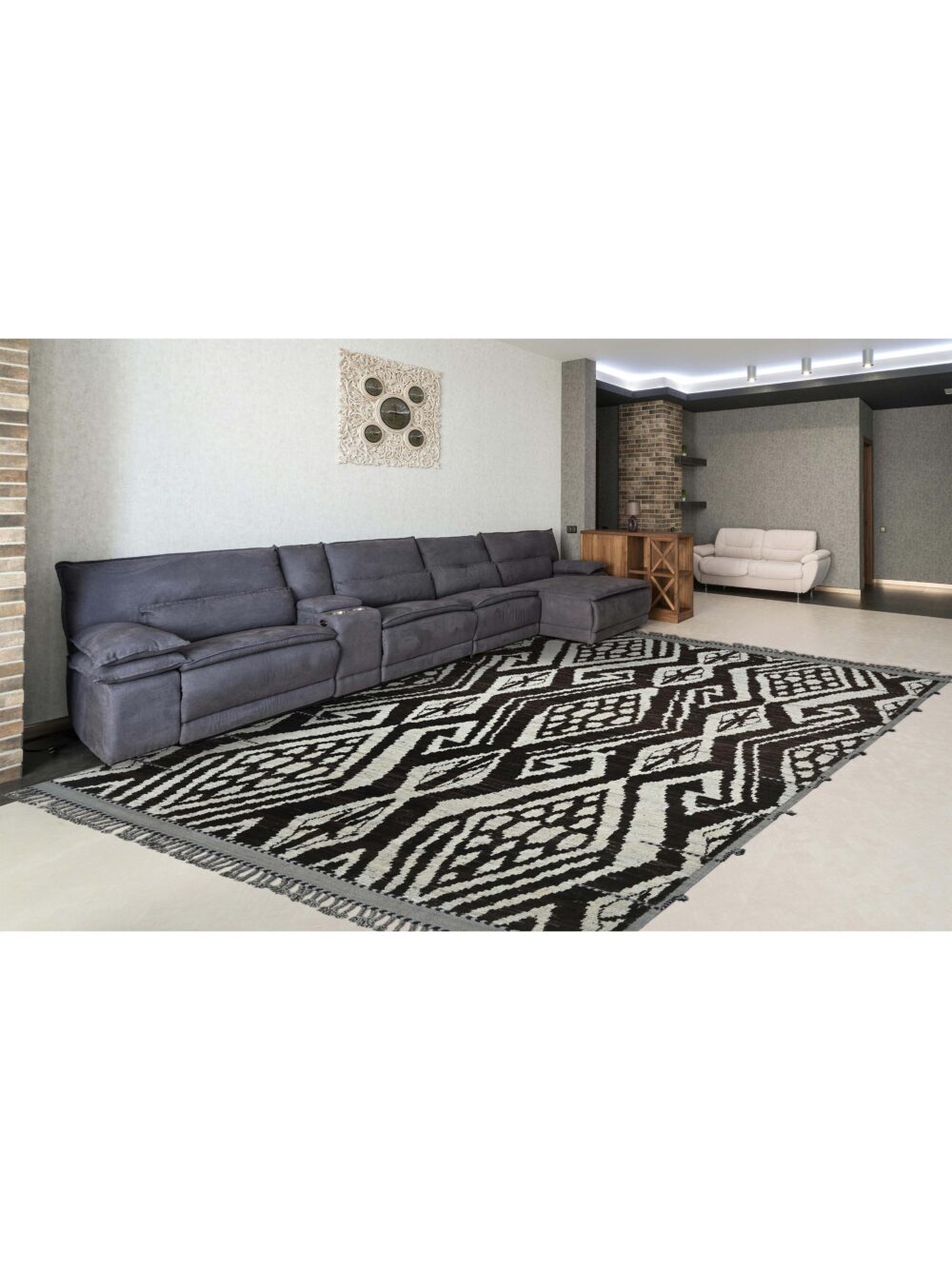 Transform your home with this striking 13' x 10' Moroccan rug, showcasing bold tribal patterns in rich brown and cream tones for a dramatic centerpiece