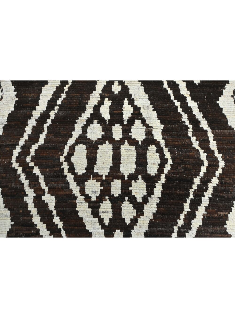 Transform your home with this striking 13' x 10' Moroccan rug, showcasing bold tribal patterns in rich brown and cream tones for a dramatic centerpiece