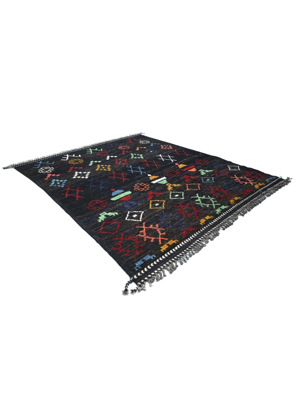 Moroccan handmade rug, size 10x9, featuring vibrant multicolor geometric patterns on a dark background, perfect for living room and bedroom decor