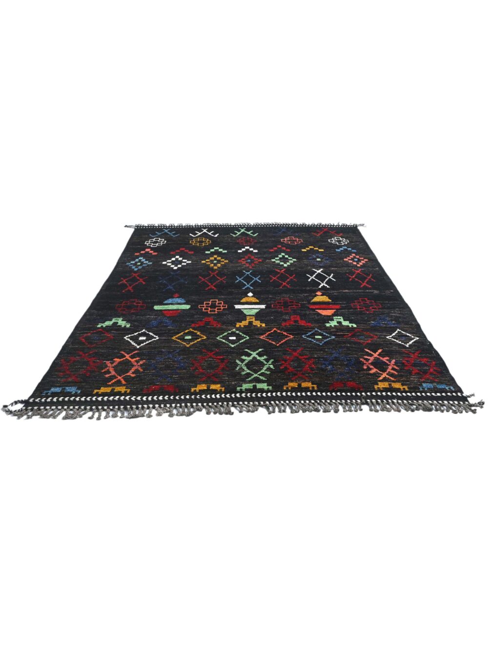 Moroccan handmade rug, size 10x9, featuring vibrant multicolor geometric patterns on a dark background, perfect for living room and bedroom decor