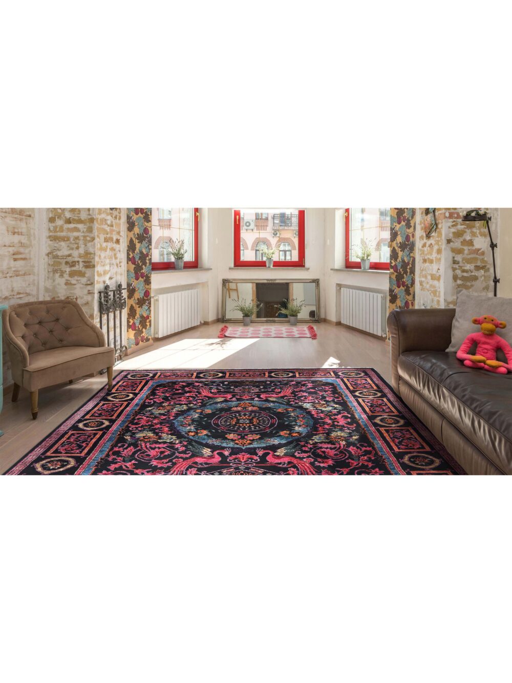 Chobi rug size 10' x 8' featuring intricate floral and bird motifs in vibrant colors, perfect for adding elegance to a living room