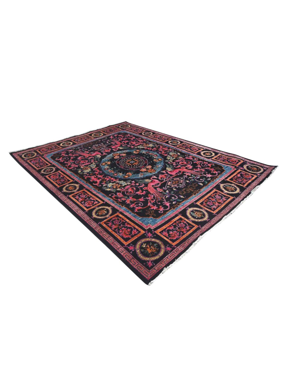 Chobi rug size 10' x 8' featuring intricate floral and bird motifs in vibrant colors, perfect for adding elegance to a living room