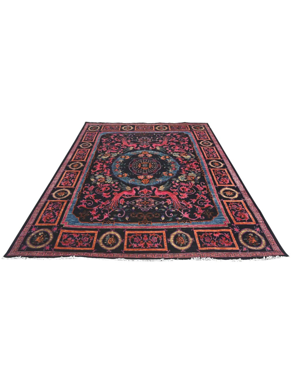 Chobi rug size 10' x 8' featuring intricate floral and bird motifs in vibrant colors, perfect for adding elegance to a living room