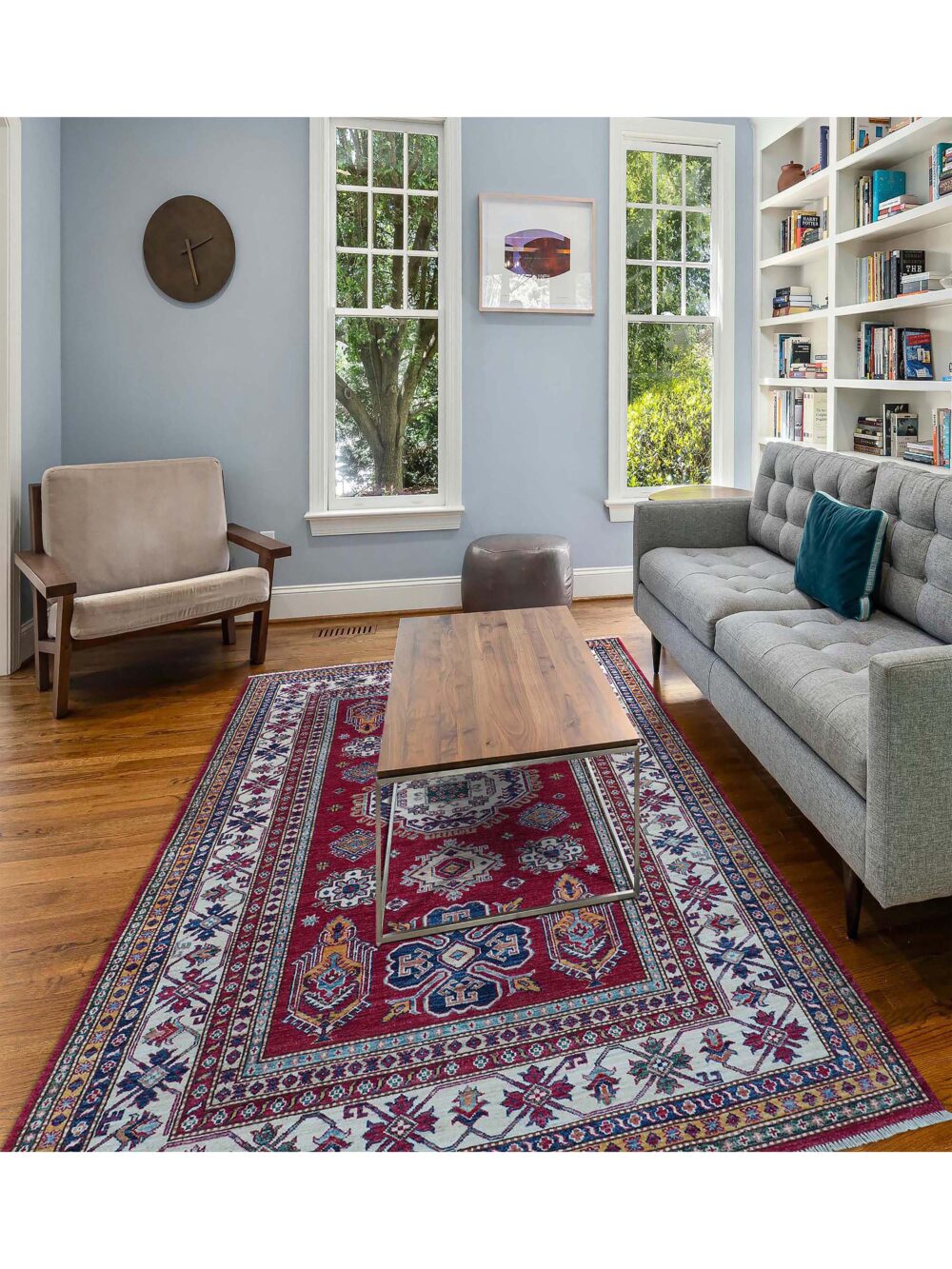 Super kazzak 6 x 8 rich red rug featuring intricate white and blue geometric medallions, surrounded by multicolored floral borders. living room rug. oriental rug