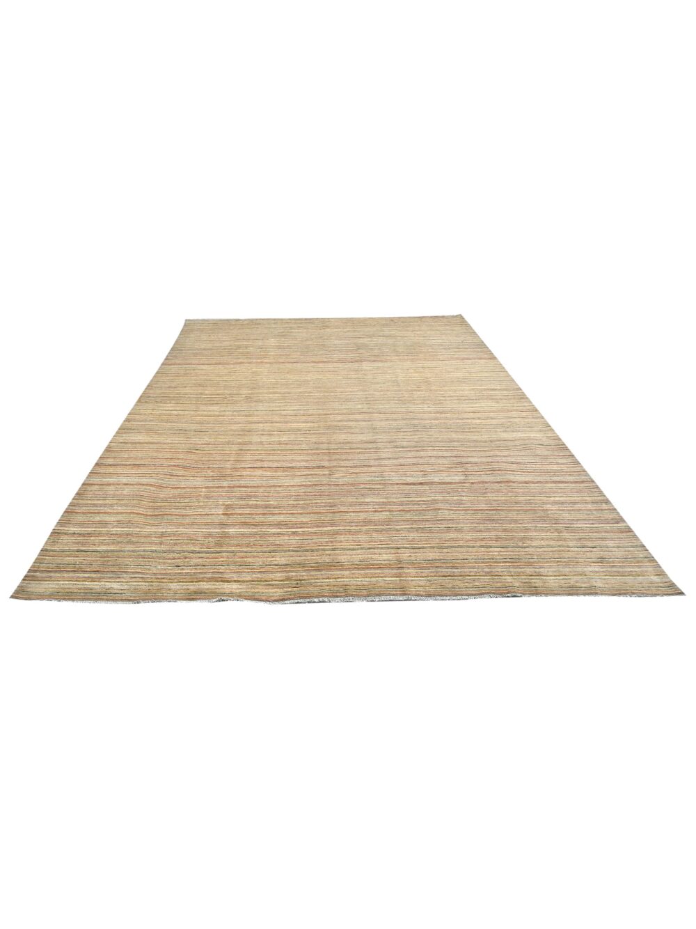 A 12 x 9 feet Gabbeh rug with a beige background featuring thin, evenly spaced horizontal stripes in shades of red, green, blue, and yellow. The rug has slightly frayed edges, adding texture to its minimalist and modern design.