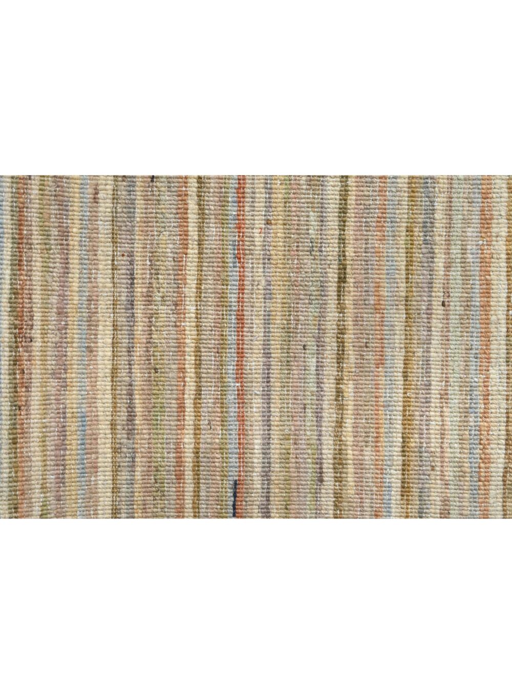 A 12 x 9 feet Gabbeh rug with a beige background featuring thin, evenly spaced horizontal stripes in shades of red, green, blue, and yellow. The rug has slightly frayed edges, adding texture to its minimalist and modern design.