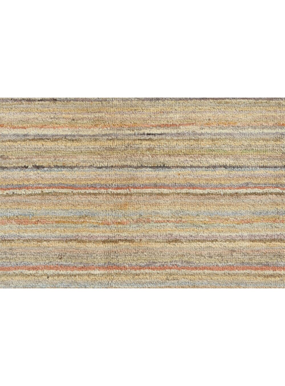 A 12 x 9 feet Gabbeh rug with a beige background featuring thin, evenly spaced horizontal stripes in shades of red, green, blue, and yellow. The rug has slightly frayed edges, adding texture to its minimalist and modern design.