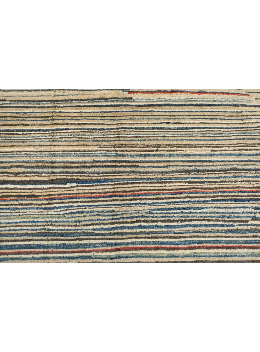 A 9 x 5 feet Gabbeh rug with a beige background, two horizontal orange stripes, and a subtle, irregular pattern in varying shades of beige and brown. I hope this brief description helps! 😊