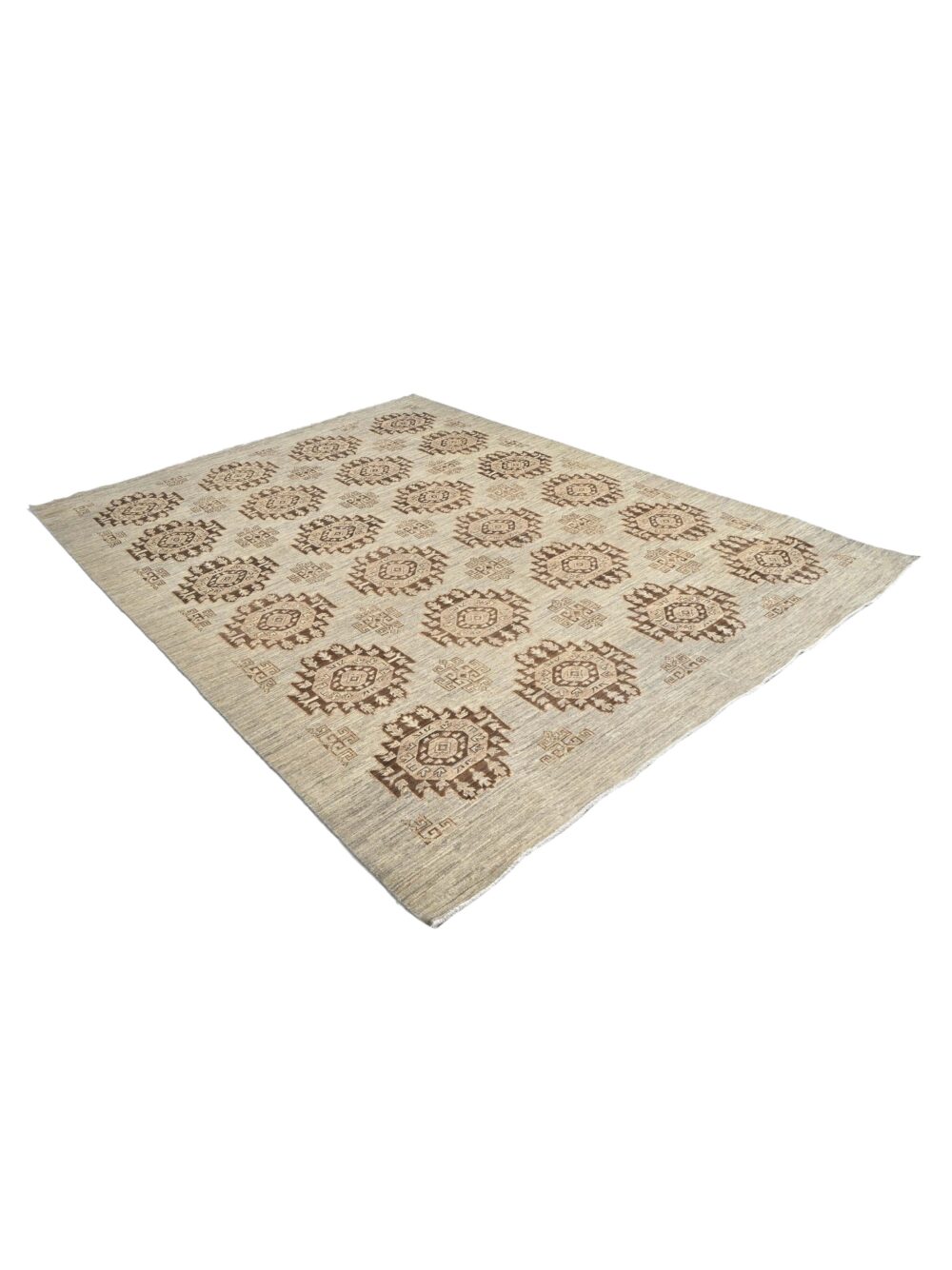 Chobi handmade rug, size 10x8, featuring intricate beige and brown medallion patterns, ideal for adding warmth and elegance to living room or bedroom decor.