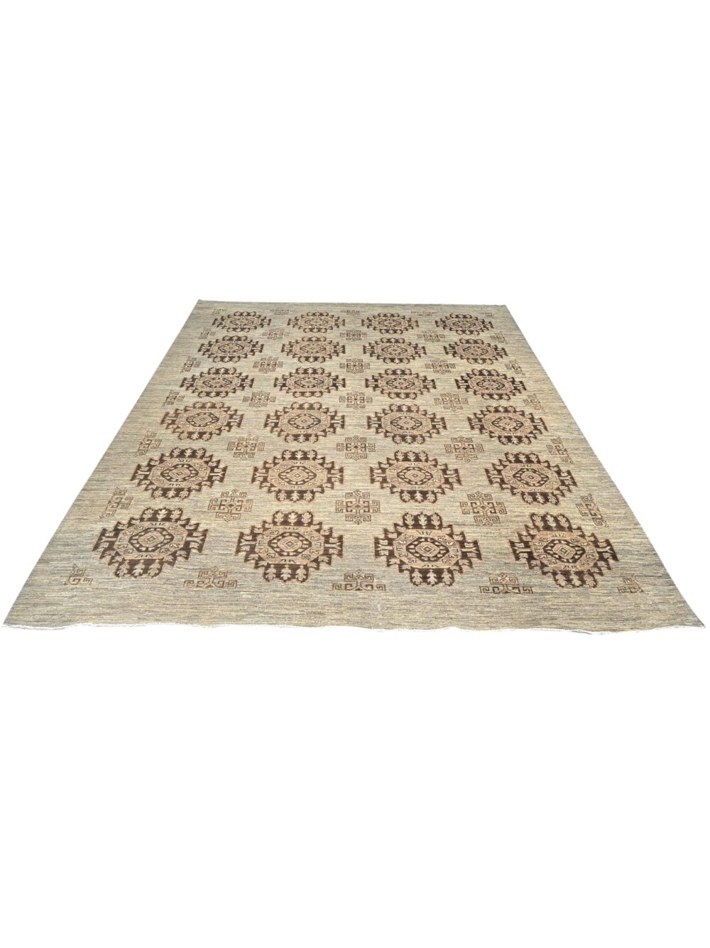 Chobi handmade rug, size 10x8, featuring intricate beige and brown medallion patterns, ideal for adding warmth and elegance to living room or bedroom decor.