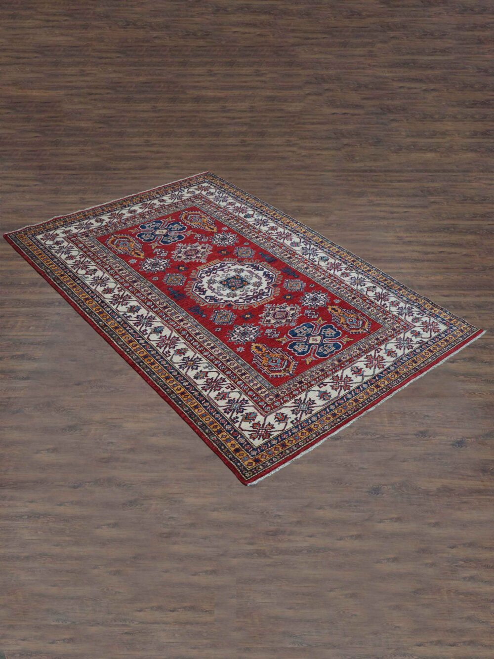 Super kazzak Vibrant 6x8 red rug featuring intricate octagon patterns, floral accents, and contrasting white borders, perfect for wood floors."