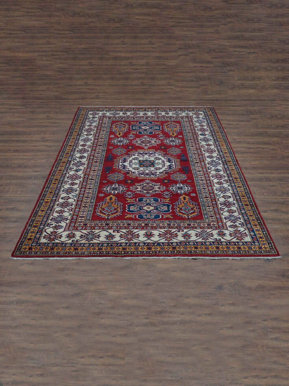 Super kazzak Vibrant 6x8 red rug featuring intricate octagon patterns, floral accents, and contrasting white borders, perfect for wood floors."