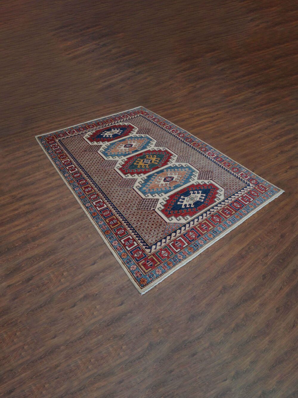 "White 6 x 8 rug with bold geometric patterns in red, blue, and beige, featuring intricate borders and vibrant central medallions."