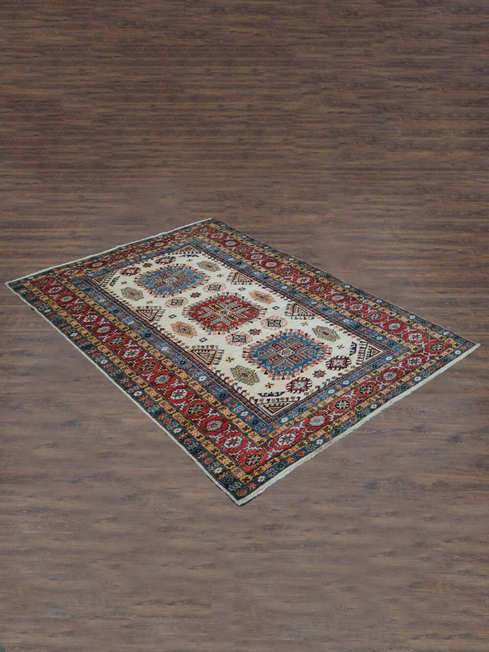 Super kazzak 6 x 8 beige rug with vibrant geometric and floral patterns, bordered by intricate multicolored designs, perfect for living spaces."