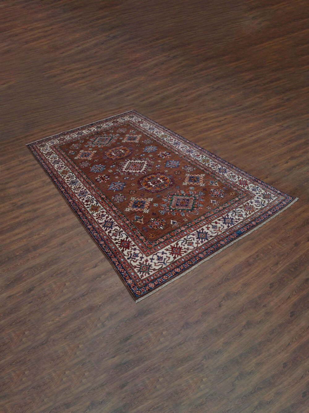 Supper kazzak 6 x 8 brown area rug showcasing geometric floral patterns in rich tones of blue, red, and ivory, bordered by intricate white accents featuring traditional motifs."