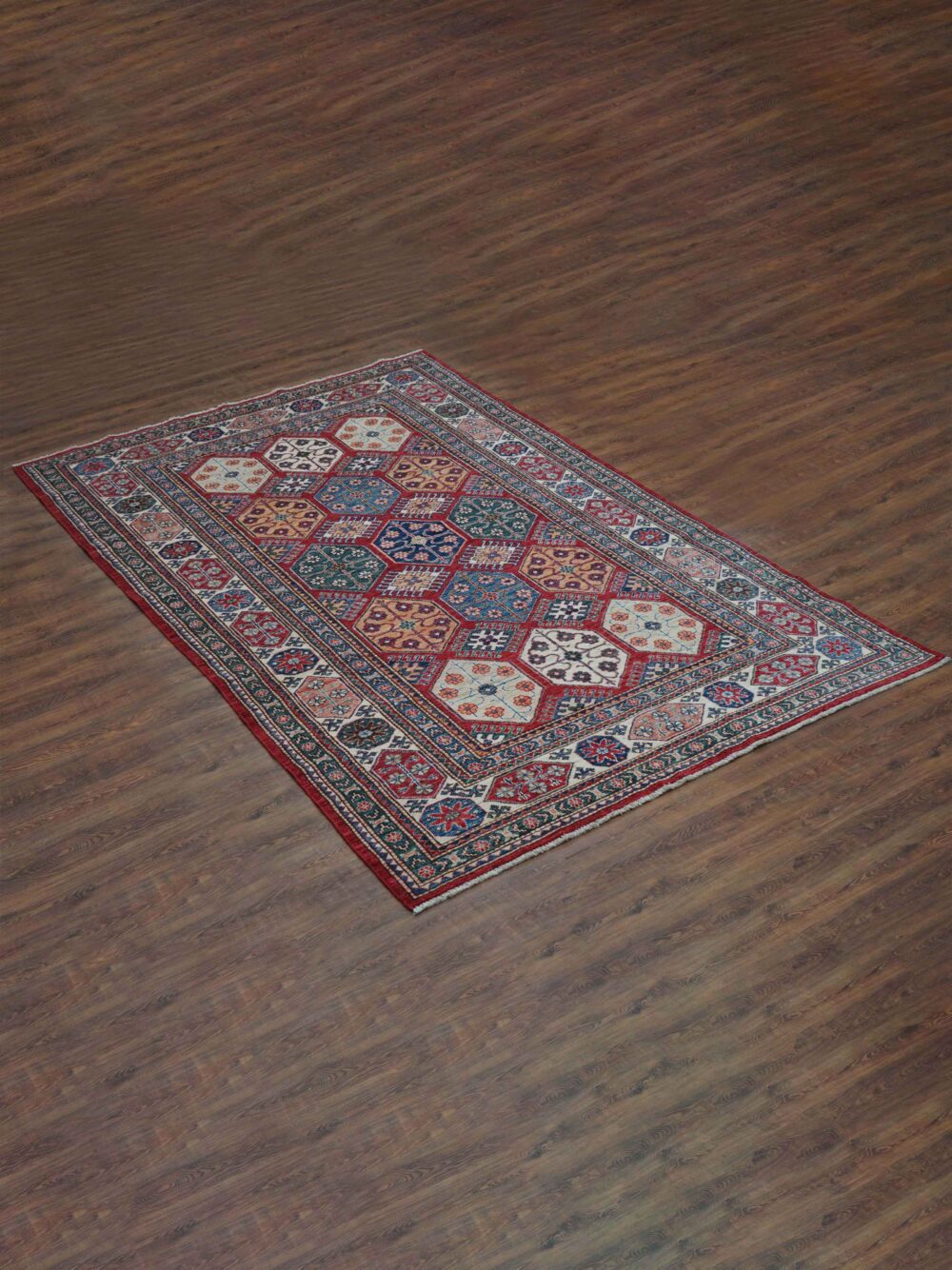 Super kazzak 5 x 8 Vibrant rectangular rug with octagonal patterns, floral motifs, rich colors, and intricate borders, perfect for enhancing traditional home decor.