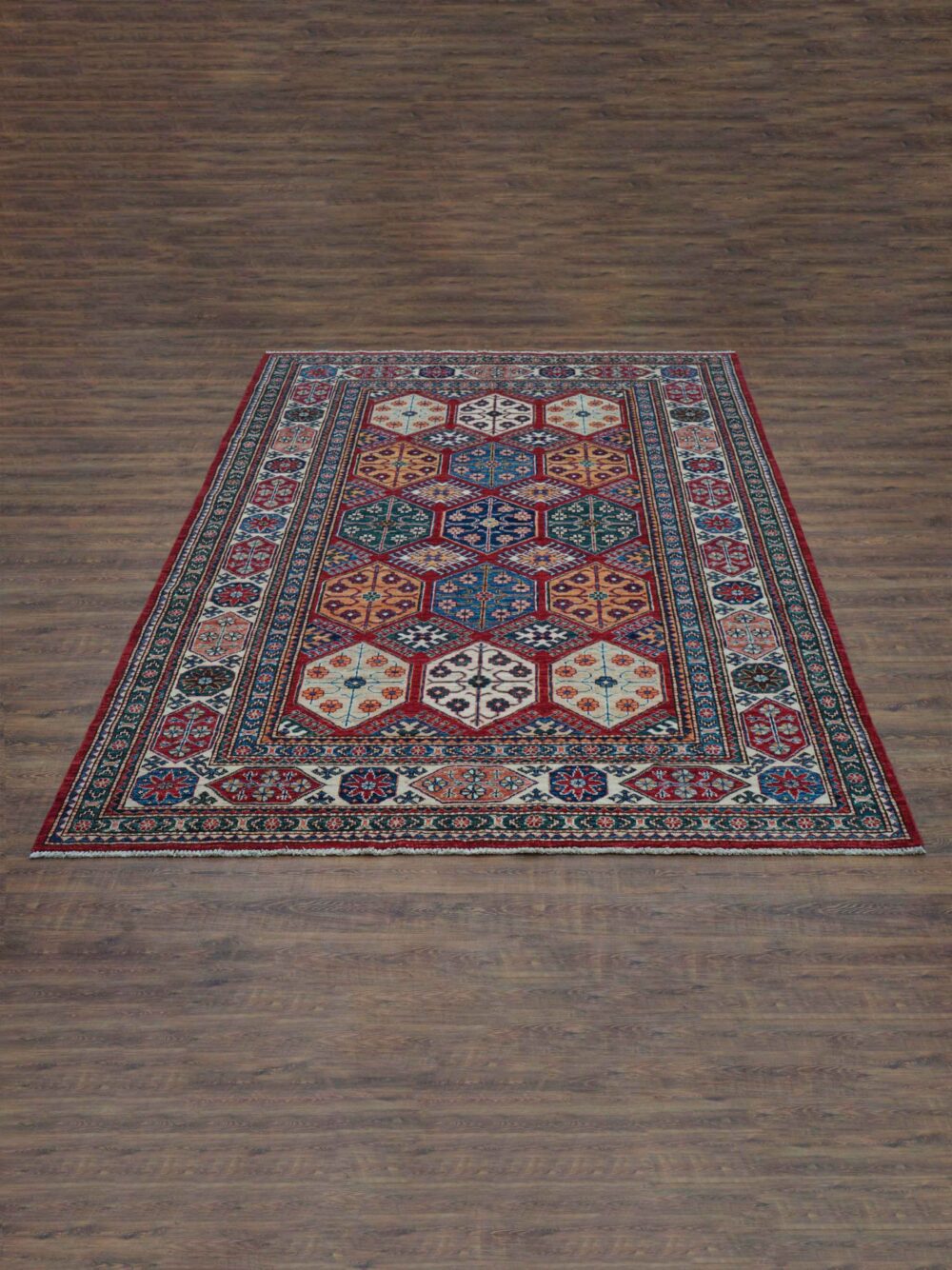 Super kazzak 5 x 8 Vibrant rectangular rug with octagonal patterns, floral motifs, rich colors, and intricate borders, perfect for enhancing traditional home decor.