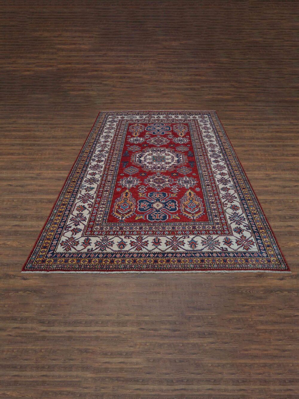 Super kazzak 5 x 8 Vibrant rectangular rug with octagonal patterns, floral motifs, rich colors, and intricate borders, perfect for enhancing traditional home decor.