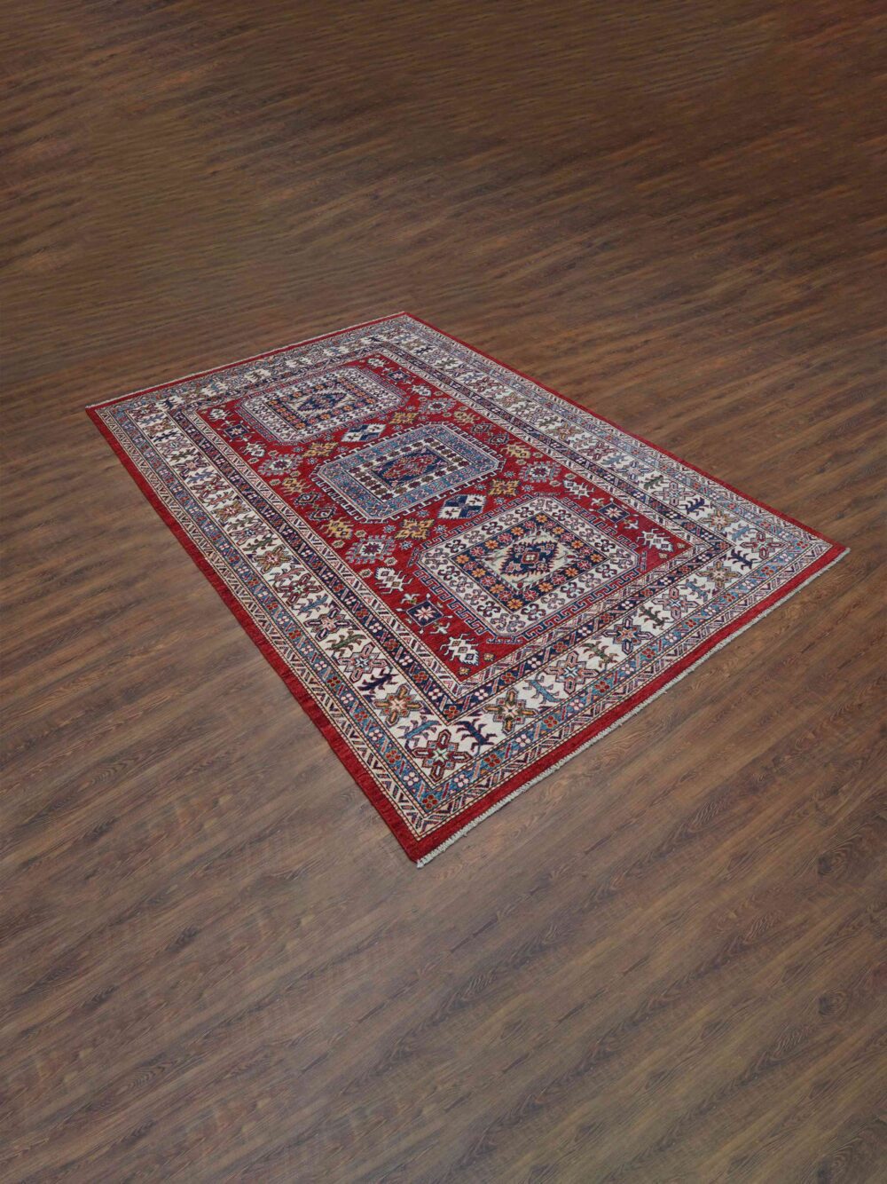 Super kazzak traditional 6 x 8 rug featuring a rich red background with detailed motifs in blue and white, framed by ornate floral and geometric borders, designed for use in a living room rug.